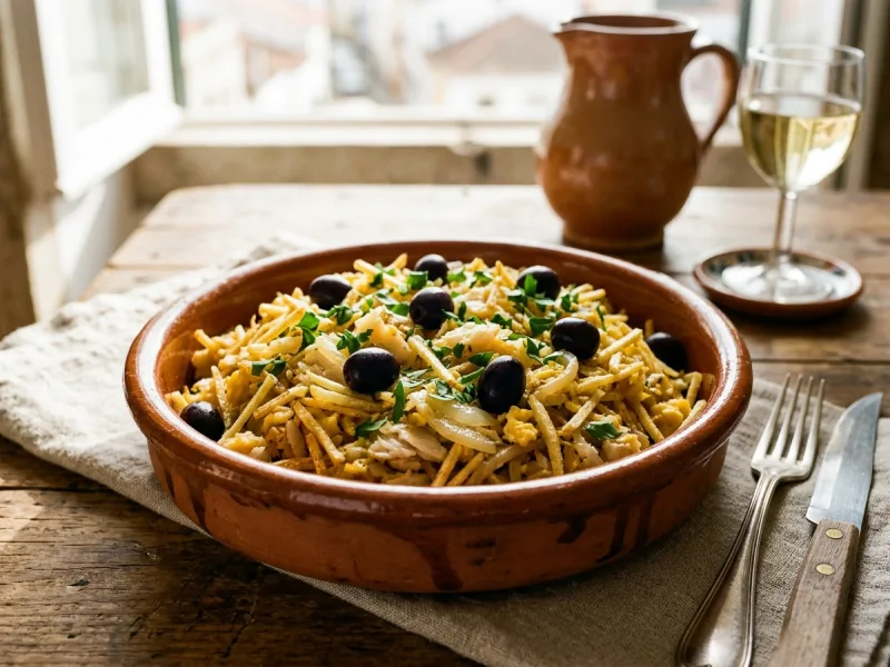 البرتغالية Bacalhau à Brás (سمك القد المملح المبشور مع البطاطس والبصل والبيض الطري) - صورة توضيحية