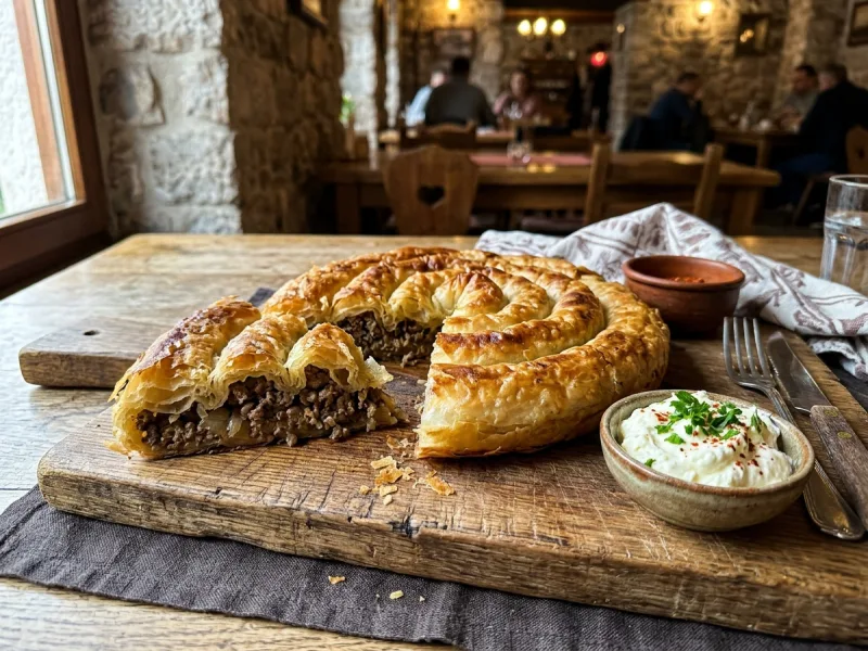Traditioneller bosnischer Fleisch-Burek (knusprige goldene Spiral-Phyllo-Torte gefüllt mit herzhaftem Hackfleisch und Zwiebeln)