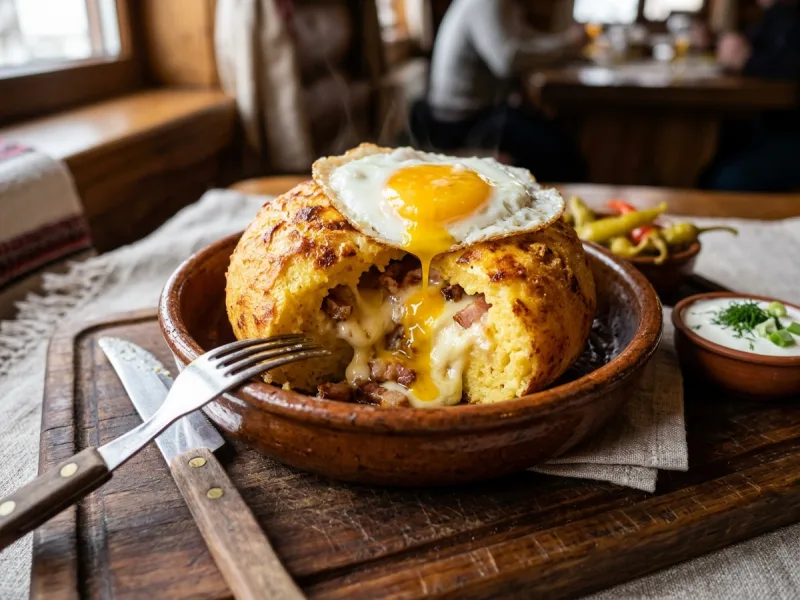 Geleneksel Romen Çoban Bulz'u (Burduf Peyniri, Füme Pastırma ve Yumurta ile Doldurulmuş Fırında Polenta Böreği)