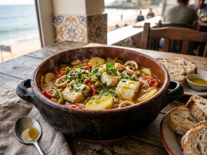Caldeirada de Peixe portuguesa (estofado de patatas y pescado de pescador en capas con vino blanco) - Imagen ilustrativa