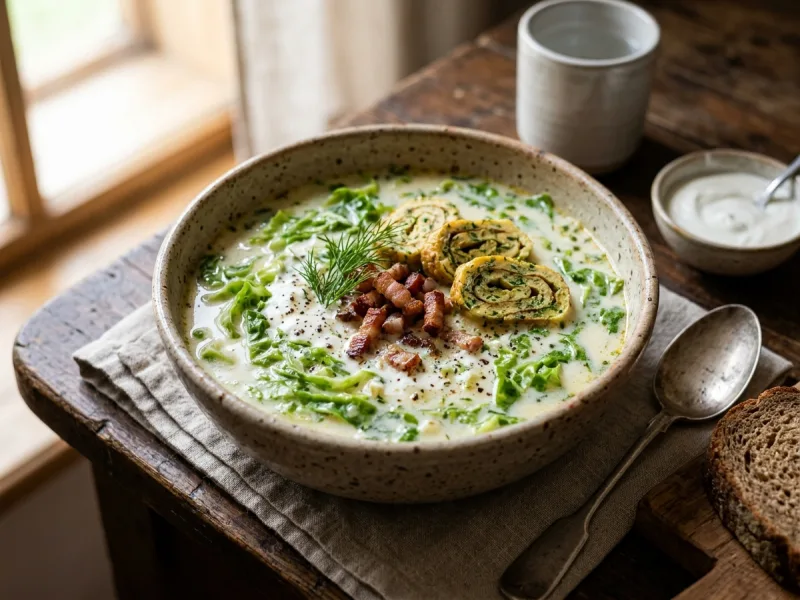 Transsylvanisk salatsuppe med røget bacon, urteomeletbånd og hvidløgskærnemælk