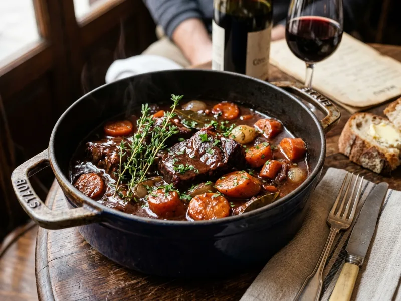 Klasické francouzské Bœuf aux Carottes (pomalu pečené hovězí sklíčidlo se sladkou mrkví a bílým vínem)
