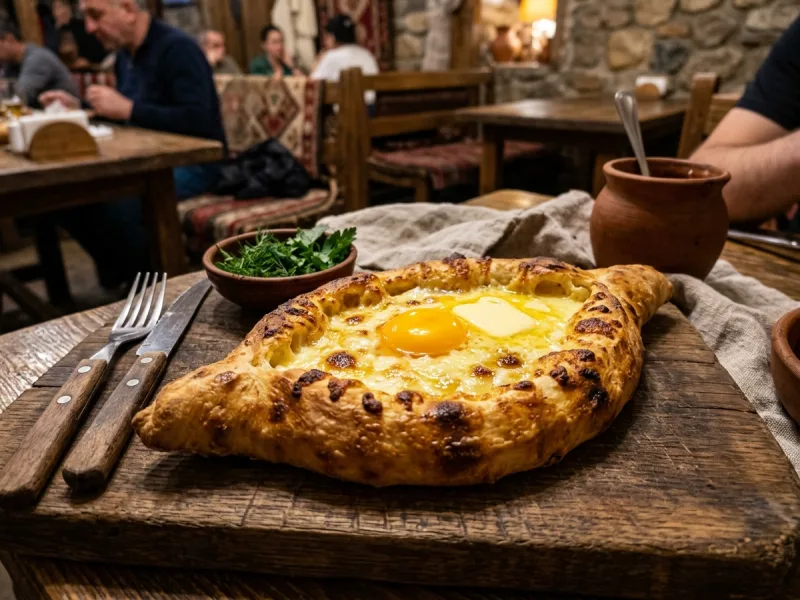 Georgisches Adjaruli Khachapuri (Brotschiffchen aus Hefeteig, gefüllt mit geschmolzenem Sulguni-Käse, Eigelb und Butter)
