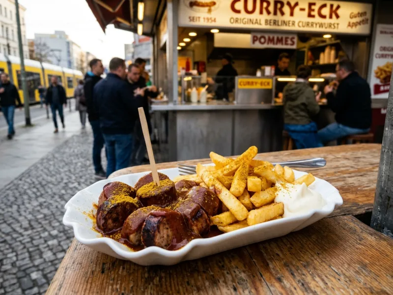 Karrywurst i Berlin-stil (Pandestegte pølser i skiver i syrlig karrykrydret tomatsauce)