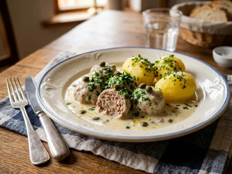 Königsberger Klopse alemán (tiernas albóndigas de ternera escalfadas en salsa cremosa de alcaparras y limón)