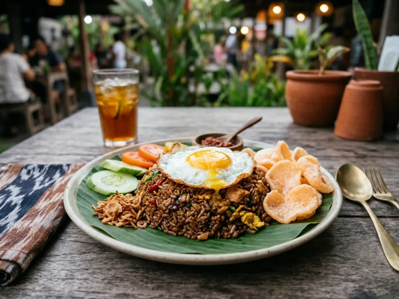 Indonéský Nasi Goreng (voňavá rýže smažená na woku se sladkým Kecap Manis, šalotkou a vejcem na slunečné straně) - Ilustrační obrázek