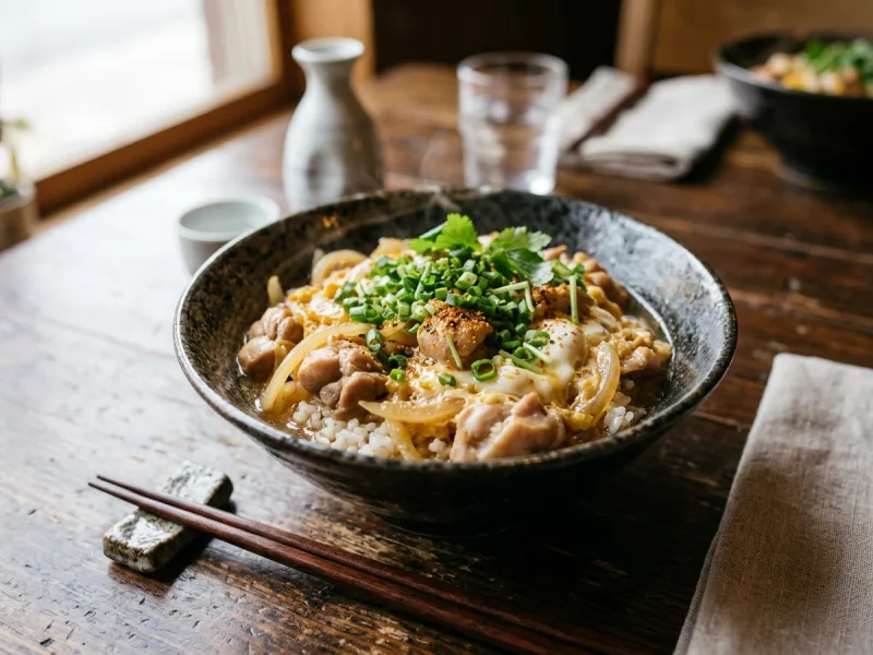 Oyakodon ژاپنی (کاسه برنج مرغ و تخم مرغ آب پز شده در آبگوشت داشی)