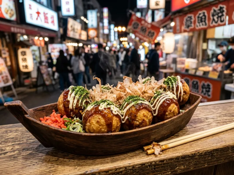 Japonské pouliční takoyaki (křupavé koule z těsta plněné chobotnicí, hnědou omáčkou a vločkami Bonito) - Ilustrační obrázek