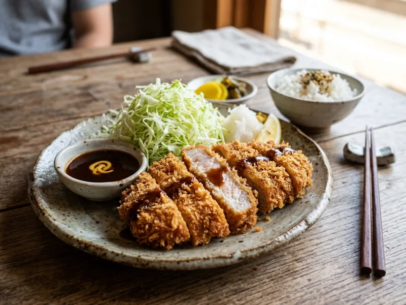 Japanisches Tonkatsu (knuspriges Panko-paniertes Schweinekotelett mit Kohl und pikanter Sauce)
