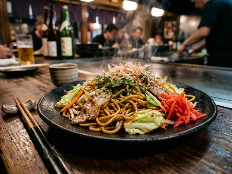 Autentická japonská Yakisoba (smažené pšeničné nudle s vepřovým masem, křupavým zelím a pikantní omáčkou) - Ilustrační obrázek