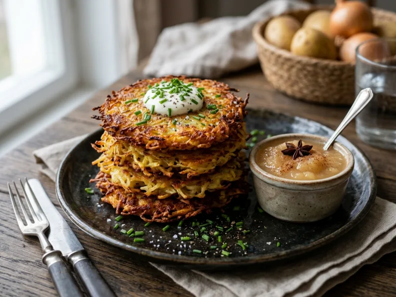 Knusprige deutsche Kartoffelpuffer mit Apfelmus (Kartoffelpuffer)