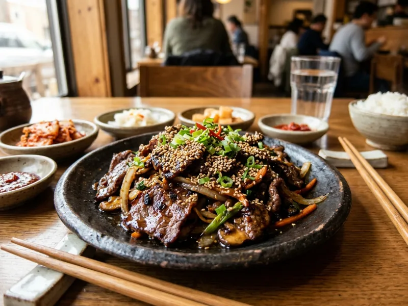 Bulgogi coreean – Fâșii fine de carne de vită marinate cu pară, usturoi, soia și ulei de susan, sotate rapid la foc iute