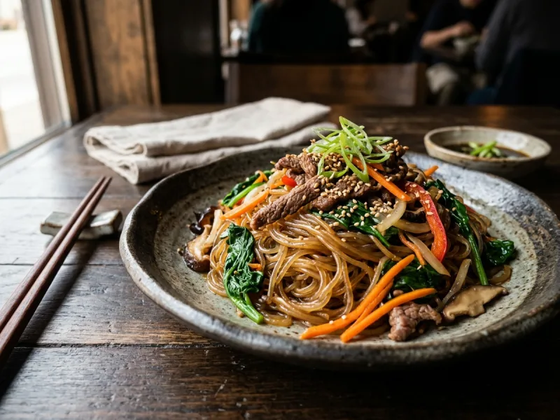 Japchae coreano (macarrão de batata doce frito com carne e vegetais)