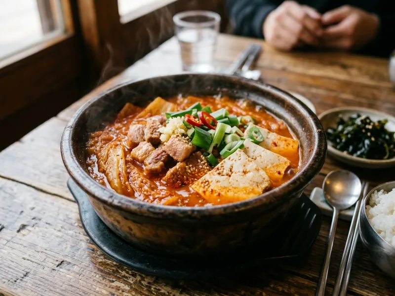 Koreansk Kimchi Jjigae (krydret gryderet med lagret Kimchi, mørt svinekød og silketofu)