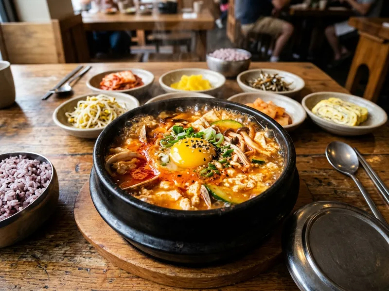 کره ای Sundubu Jjigae (خورش توفو ابریشمی نرم آتشین با سیر، روغن فلفل قرمز و تخم مرغ) - تصویر تزیینی