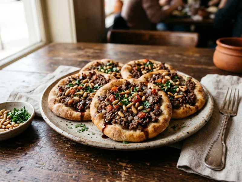 Sfiha libanese (tortini di carne a faccia aperta con melassa di melograno e pinoli)
