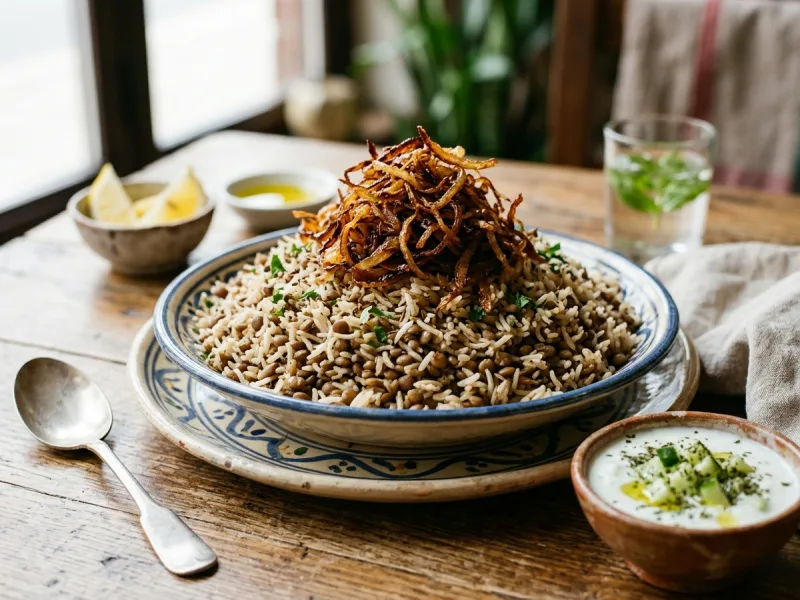 Levantine Mujaddara (عدس قهوه ای تند و برنج با پیاز ترد کاراملیزه) - تصویر تزیینی