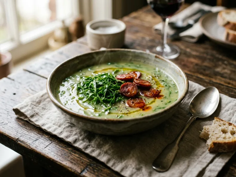 Autentisk portugisisk Caldo Verde (silkeagtig kartoffel og hvidløgssuppe med strimlet Galega Collard Greens og Chouriço)