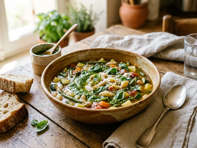 Soupe au Pistou Provençal (گلدان تابستانی سبزیجات و لوبیا با پیستوی سیر تازه ریحان) - تصویر تزیینی