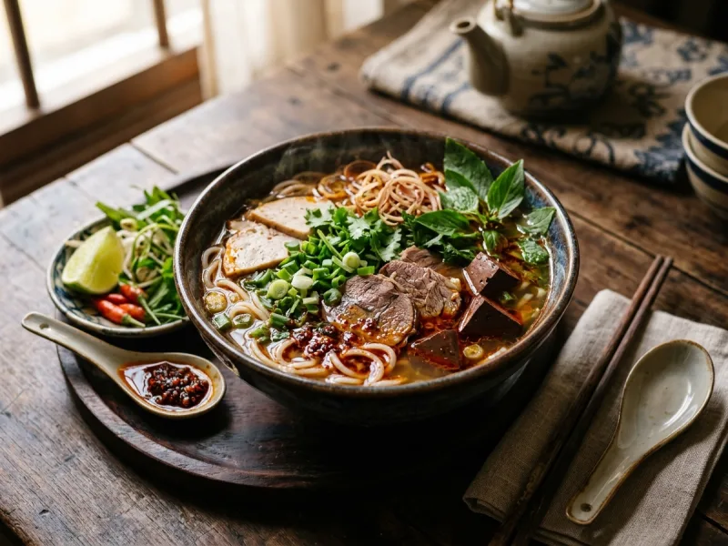 Vietnamesisches Bún Bò Huế (würzige kaiserliche Rindfleisch-Nudelsuppe mit Zitronengras und frischen Kräutern) - Symbolbild