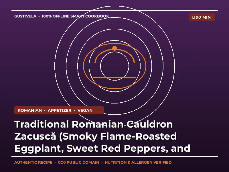 Traditionel rumænsk kedel Zacuscă (røget flammeristet aubergine, søde røde peberfrugter og langsomt brasede løg)
